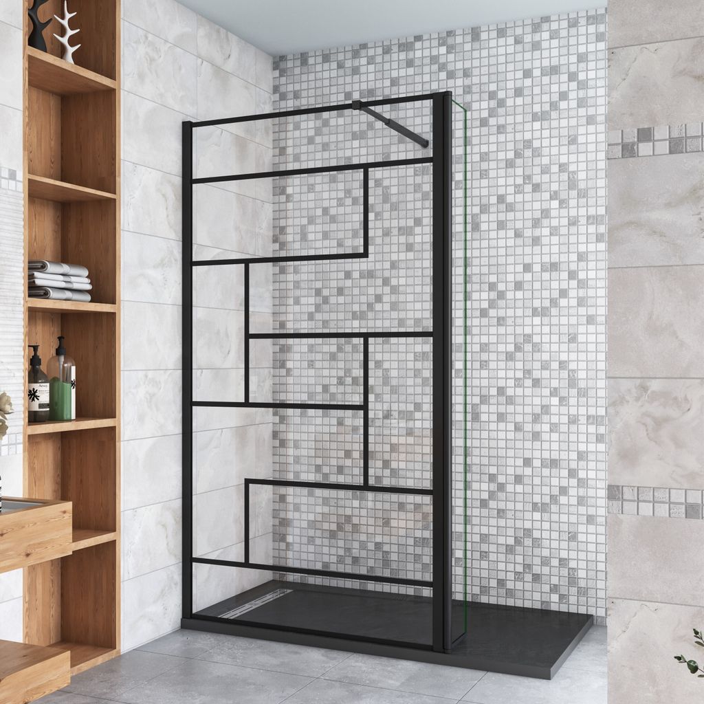 Schwarz Walkin Duschkabine 90x200cm unregelmäßige Form Duschwand mit 30x200cm Flipper Panel +73-120cm Stabilisator 8mm Nano-ESG Duschtrennwand