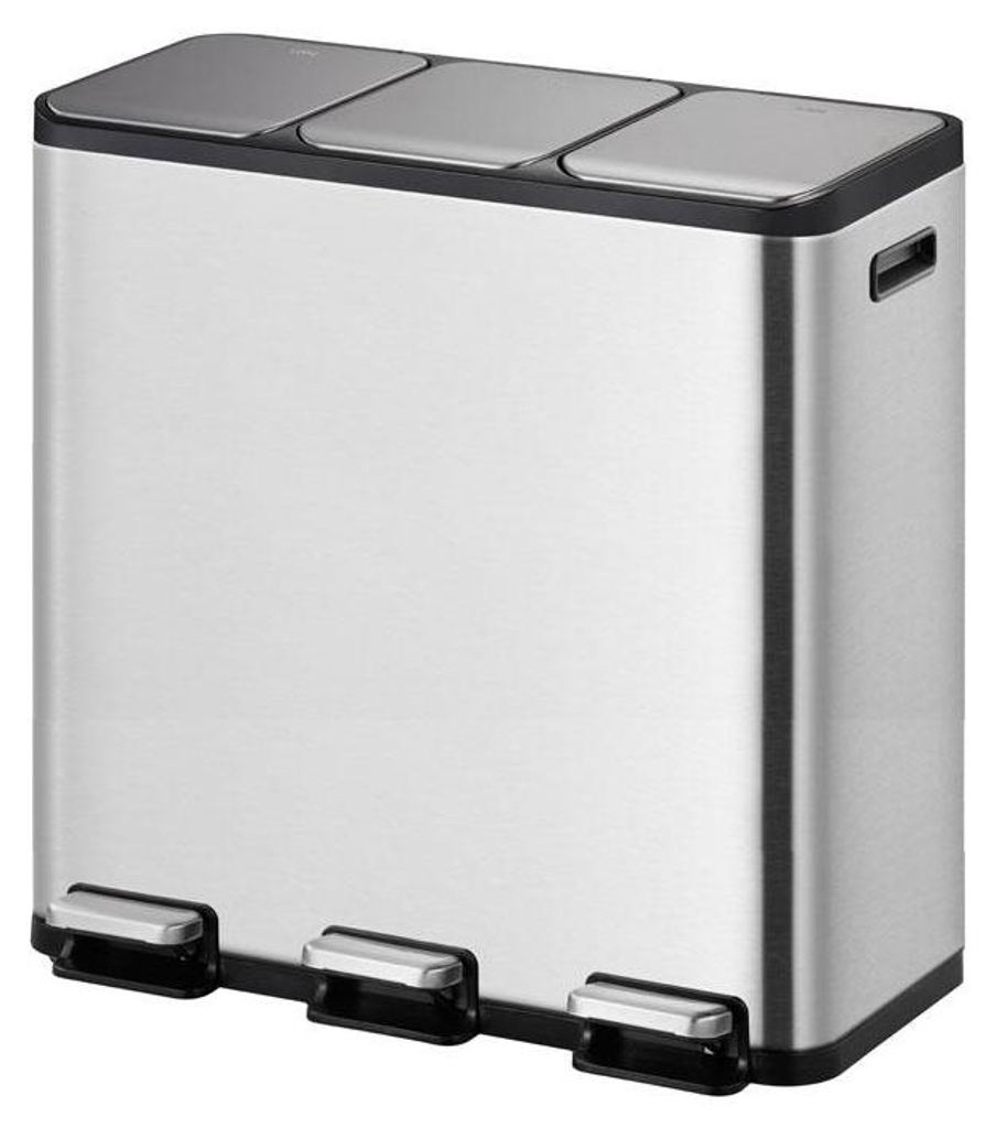 A stainless steel triple bin trash can with three foot pedals.
