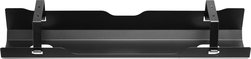 A black metal cable management tray designed to be mounted under a desk.