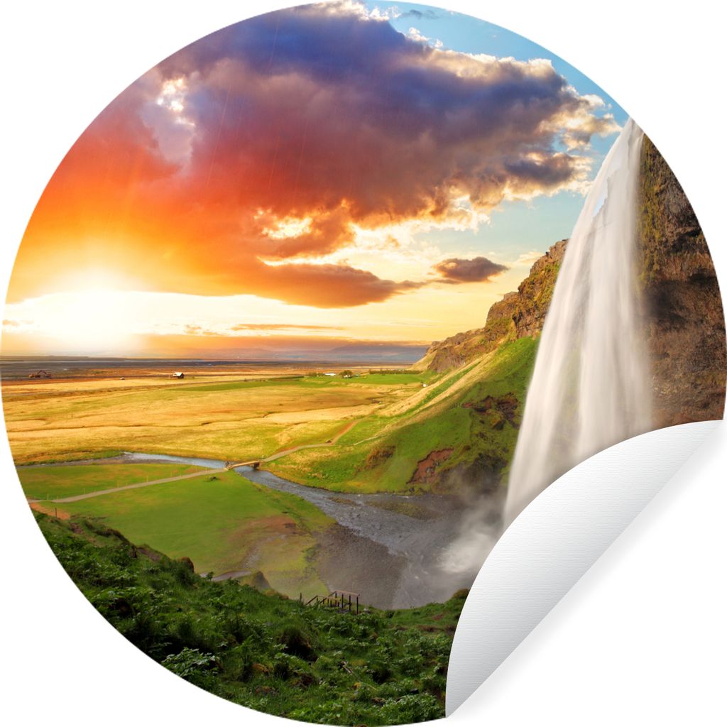 MuchoWow Runde Wandtattoo - Wandsticker Tapete Aufkleber Wasserfall - Felsen - Sonnenuntergang - Berge - Orange Ø 50 cm Selbstklebend und Reposi...