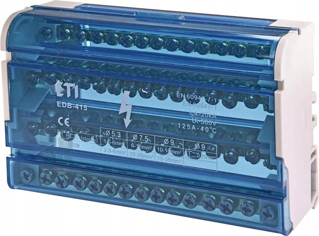 Bloc de distribution ETI Polam EDB-415, 125A, 4x15 raccordements rail TH35