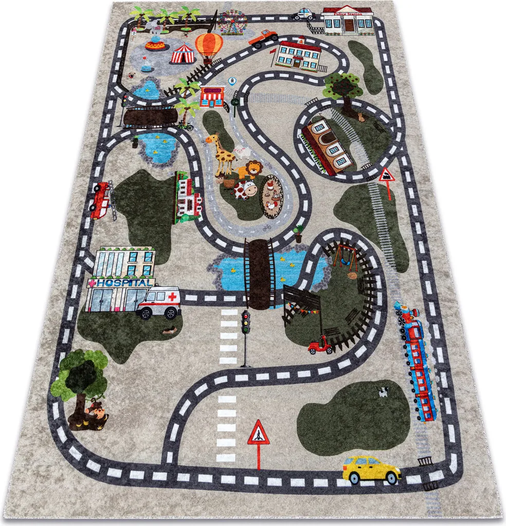 Tapis de chambre enfant ville beige lavable 120x170 cm antidérapant