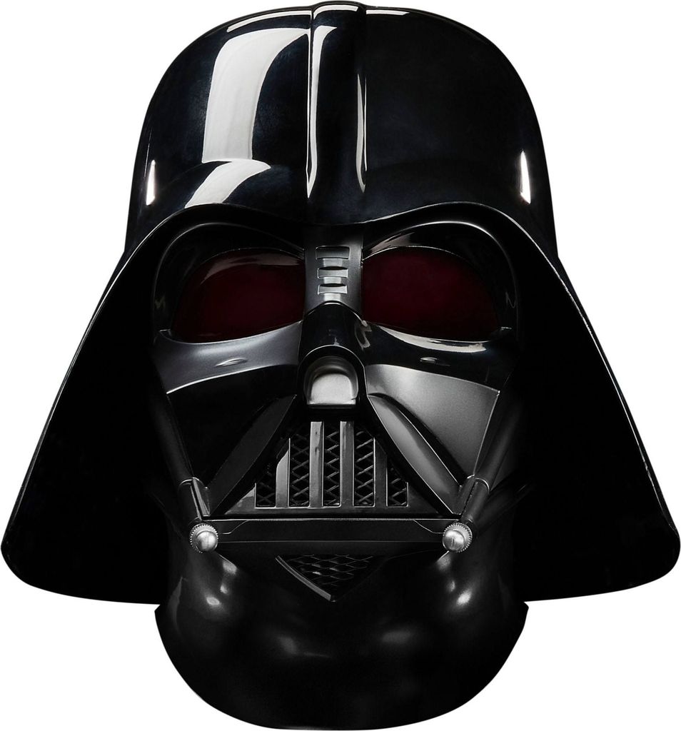 A close-up front view of a Darth Vader helmet.