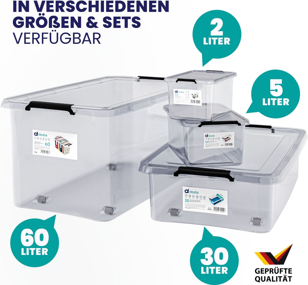 DEUBA® Aufbewahrungsboxen 6 x 60l mit Deckel und Rollen, Produktbild 9