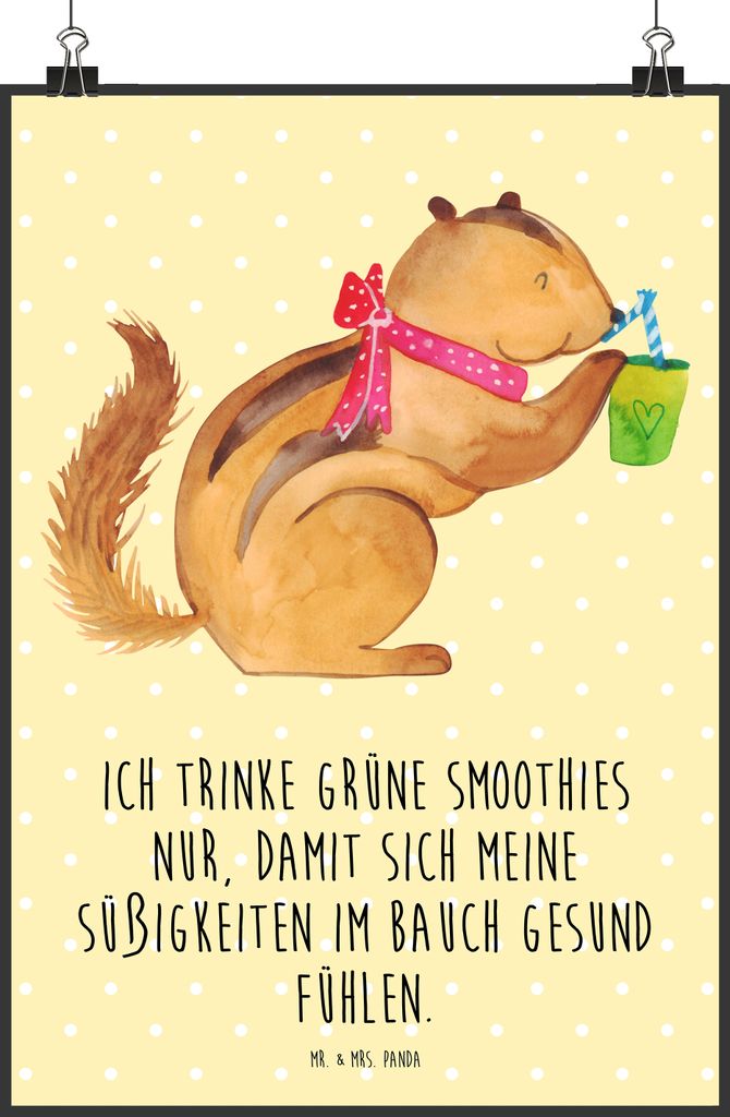 Mr. & Mrs. Panda Bild Eichhörnchen Smoothie DIN A1 - Gelb Pastell - Geschenk, wanddeko, Green Smoothies, Diät, Posterdruck, Streifenhörnchen, De...