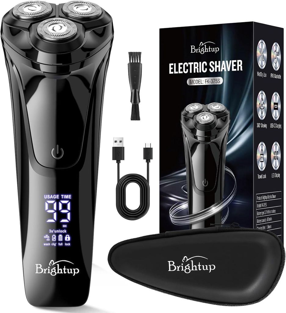 Brightup Elektrorasierer Herren, 4D Flexkopf, IPX6 nass/trocken, LED Display, USB-C, Pop-up Trimmer, Travel Lock, kabellos für präzise Rasur