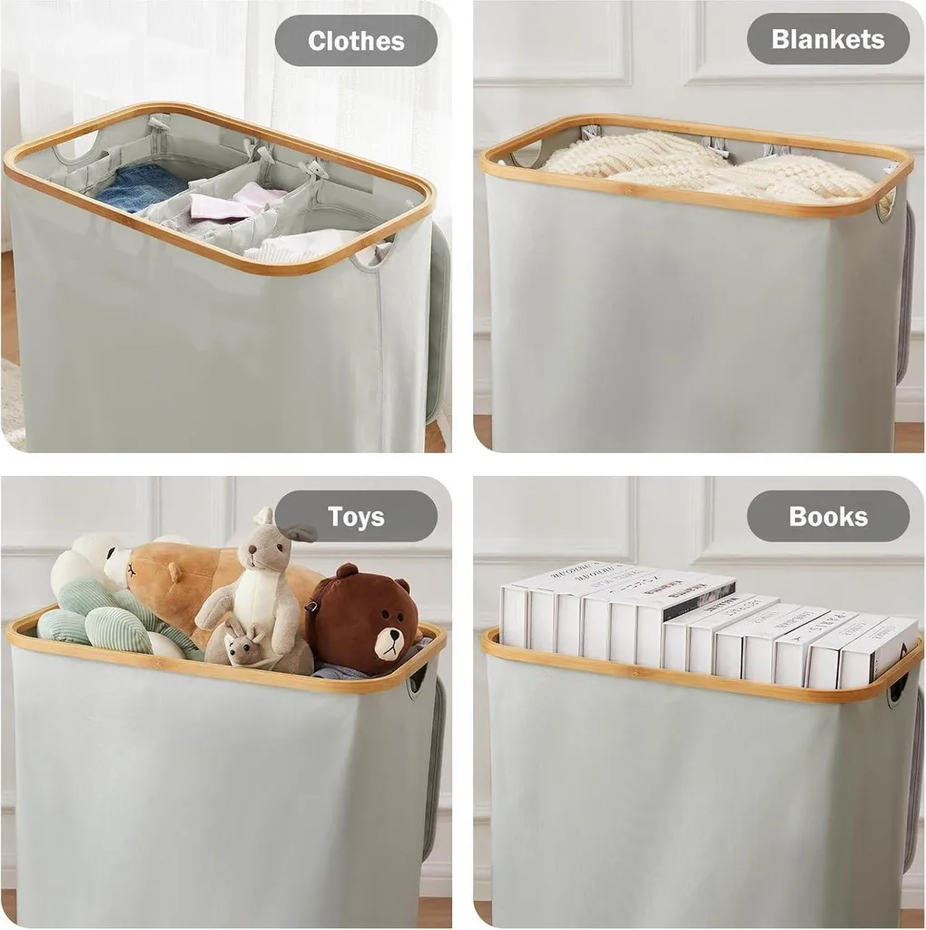 Coffre à Linge Triple Compartiment 160L Gris - Bac de Tri Pliable - 7