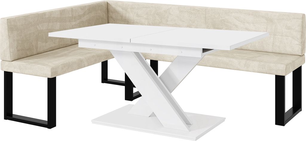 MEBLINI Eckbank für Esszimmer mit ausziehbarem Tisch - Küchenbank - Essecke - Sitzecke Küche - TONI - U-Beine 142x196x87cm Links - Creme Samt/B ...
