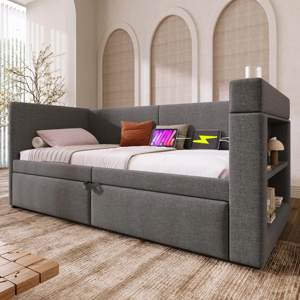 Lit banquette 90x200 gris pour chambre d'amis avec couchage d'appoint - 11
