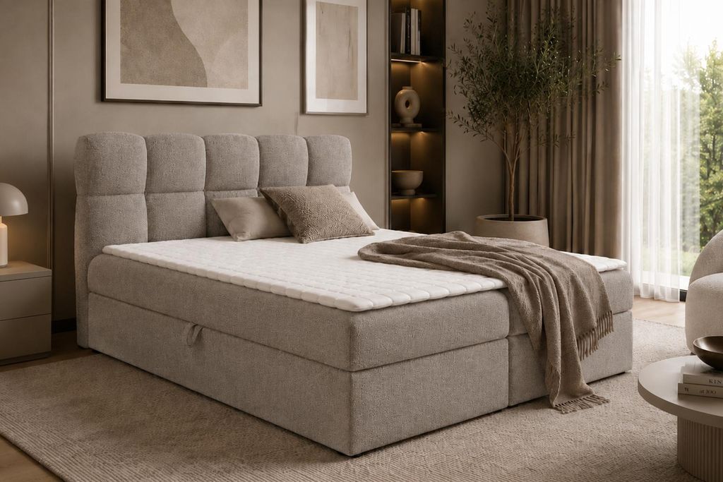 Kaiser Möbel Boxspringbett mit zwei Bettkasten, Bouclé-Stoff Coral, Taupe, 200x200 cm, S