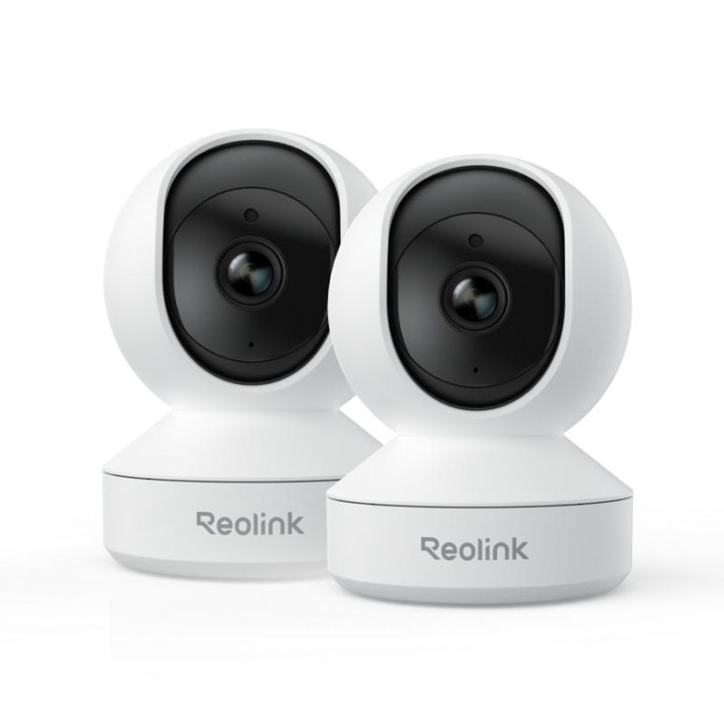 Two white Reolink indoor security cameras are shown against a white background.