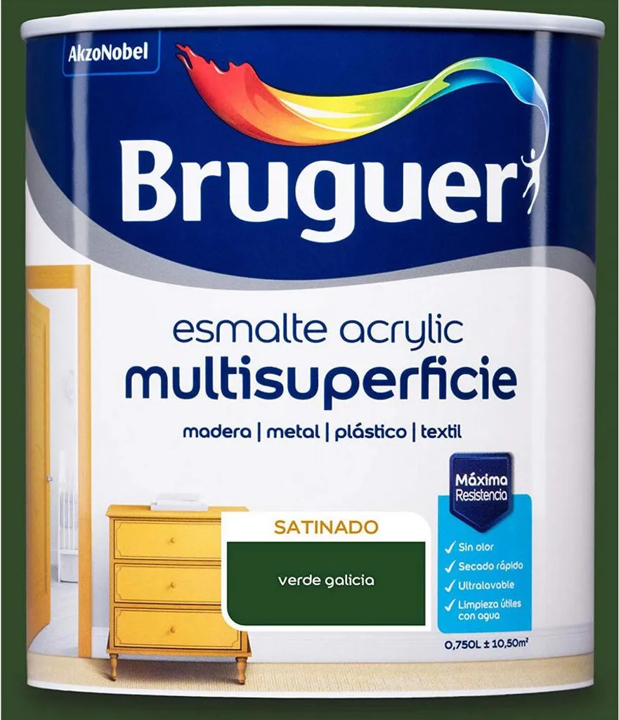 Peinture émail acrylique satinée Galicia Green Bruguer pot de 750 ml
