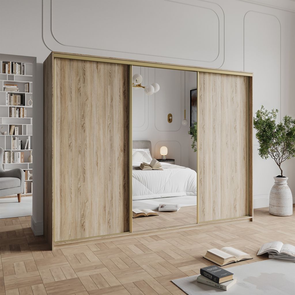 Masseno Schiebetürenschrank TAVI 270/205/60 cm Kleiderschrank mit Schubladen Schlafzimmer Schrank 3-türig mit Spiegel Sonoma Eiche + Gold