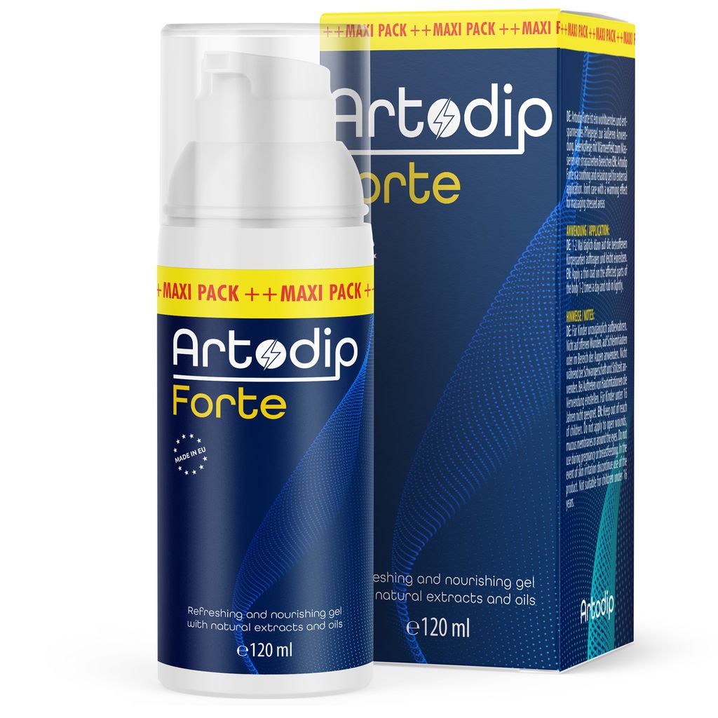 A product shot of a bottle of Artodip Forte gel and its packaging.