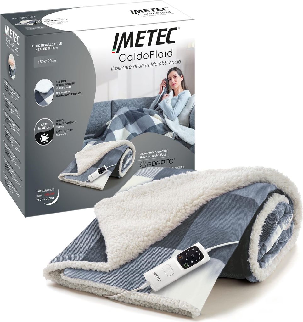 Imetec Adapto Tartan Grey Heizdecke, 160x120 cm Wärmedecke, aus weichem Gewebe, geringer Verbrauch, Adapto-Technologie, sicher, schnelles Aufheize...