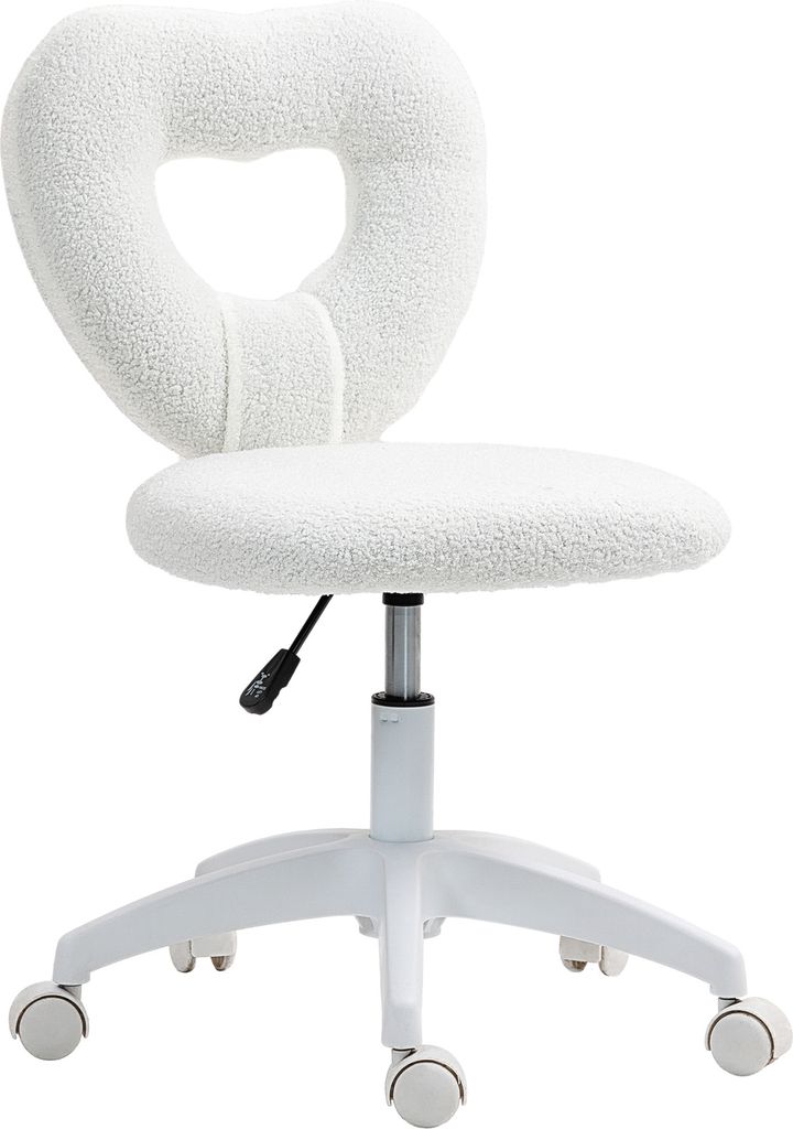 A white teddy fleece office chair with a heart-shaped backrest is shown against a white background.