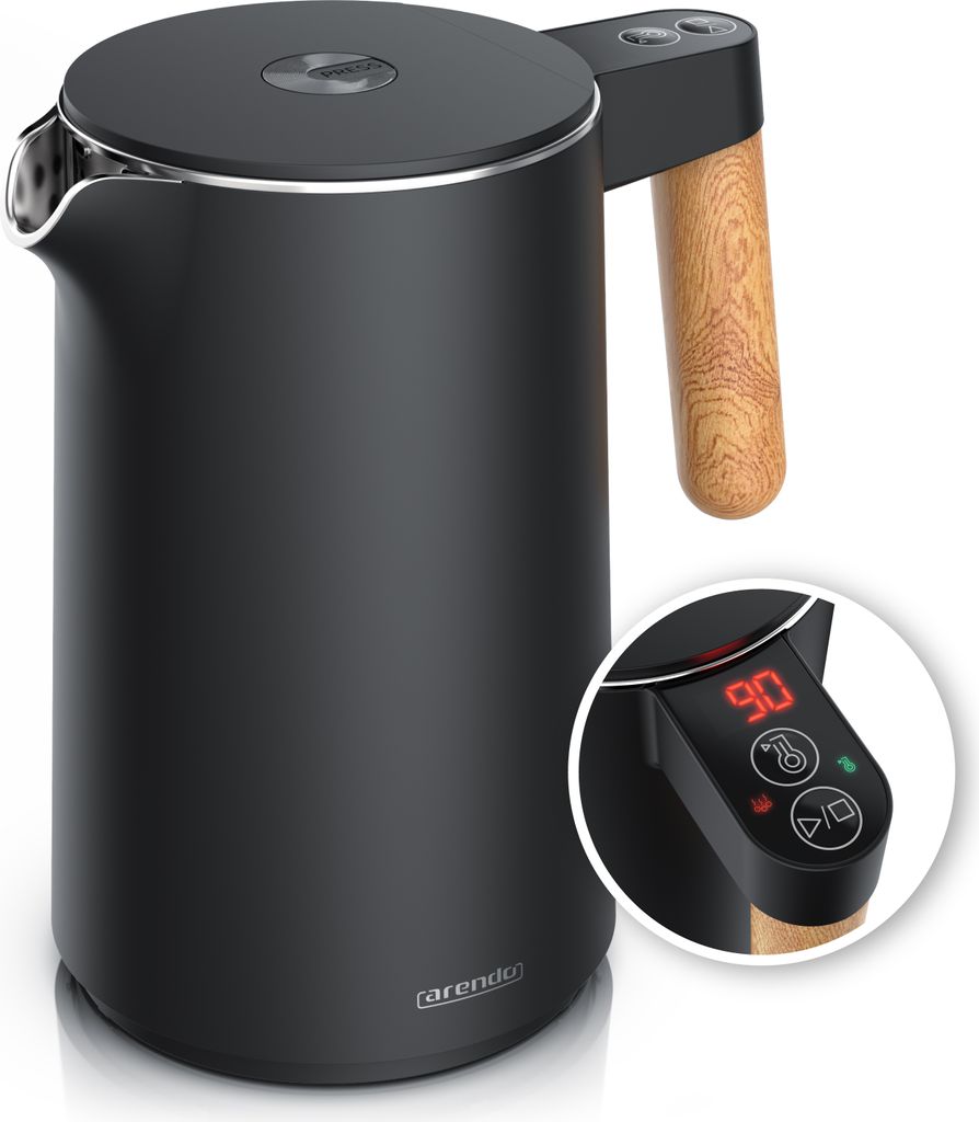 Arendo Wasserkocher mit Temperatureinstellung 40°C - 100°C, Temperaturanzeige, Temperaturwahl, Edelstahl, 1,5 L, 2200W, Doppelwand, Warmhaltefunk...