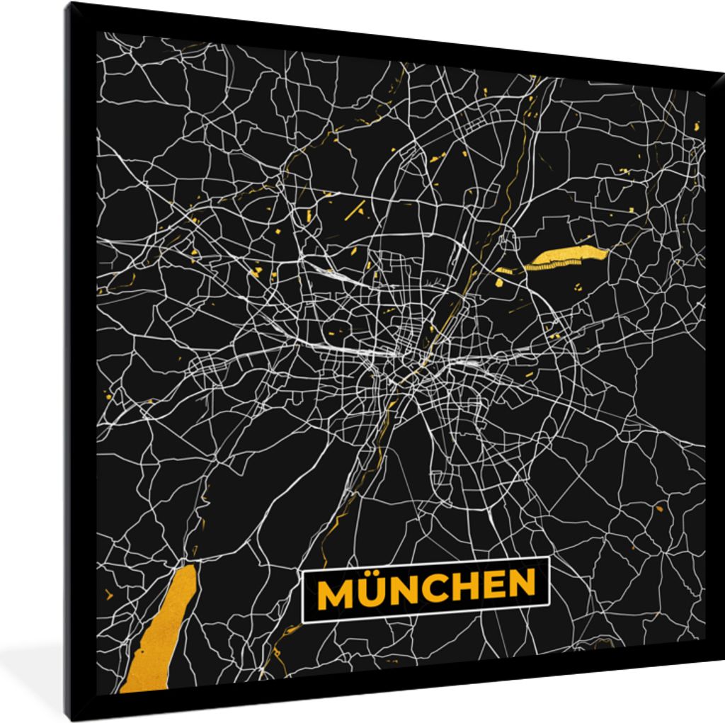 MuchoWow Gerahmtes Poster München - Gold - Stadtplan - Karte - Deutschland 40x40 cm - Poster mit Schwarzem Bilderrahmen Wandposter Rahmen Foto B...