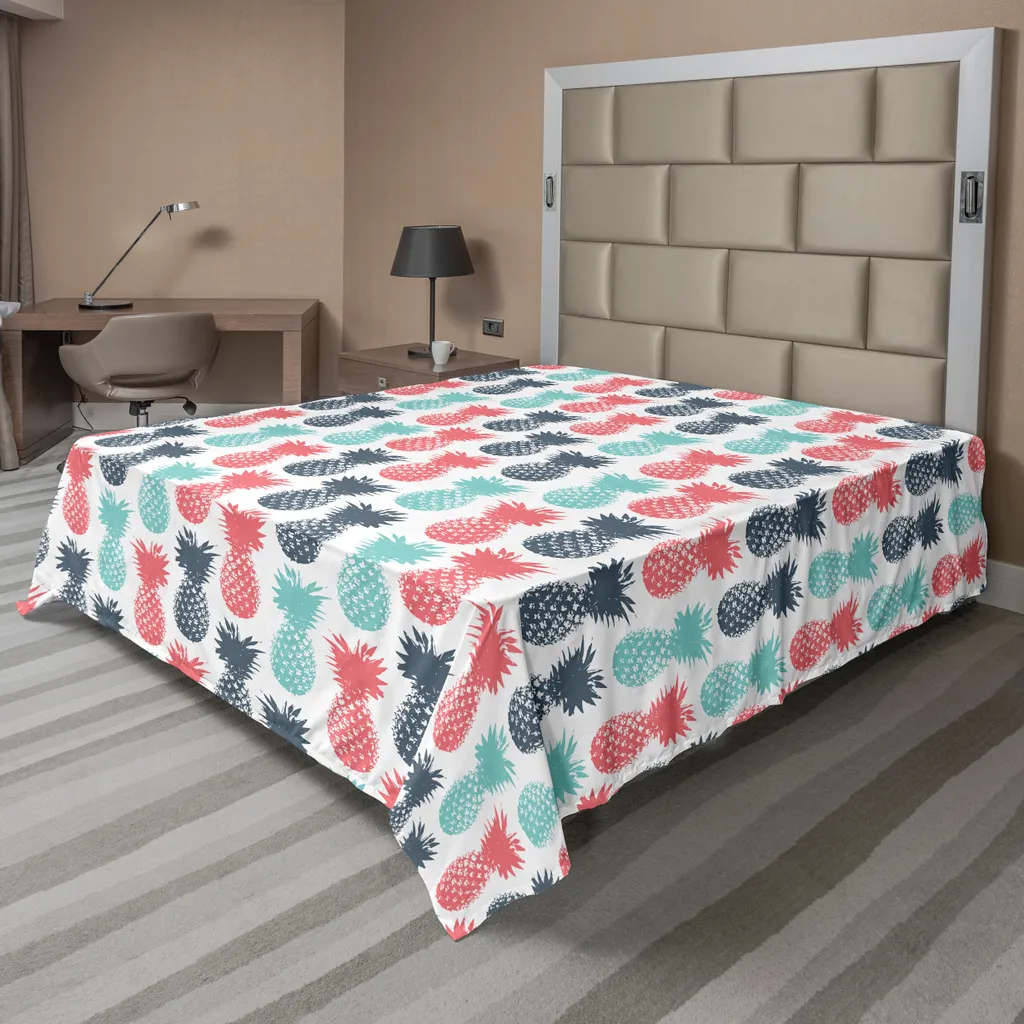 ABAKUHAUS Lenzuolo Ananas, Isola Ananas Motivo Frutta Tropicale Stampato Sfondo Minimale Pop Art, morbido e confortevole lenzuolo superiore per un letto decorativo 1 pezzo 244 cm x 205 cm, Turchese Corallo Bianco
