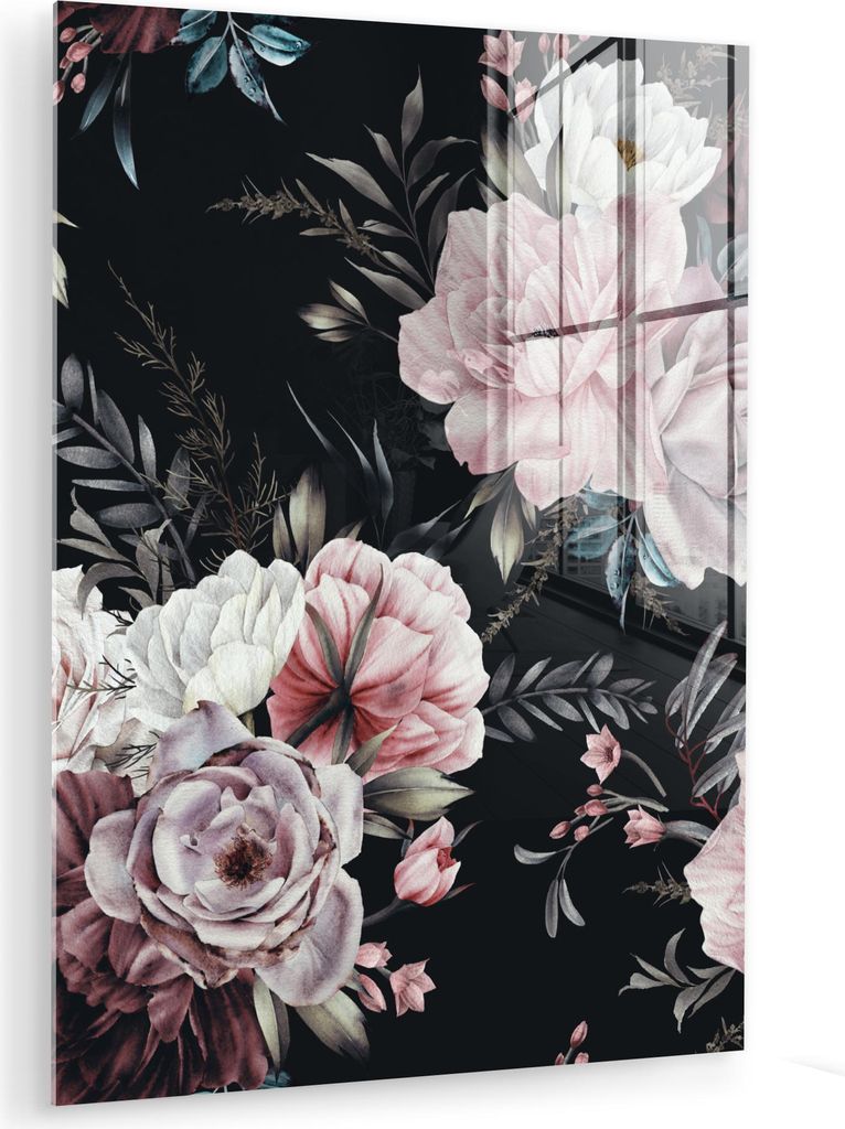 MuchoWow Glasbilder - Bilder auf Wandbild - Foto auf Glas Vintage - Rosen - Romantisch - Blumen 60x80 cm Wanddekoration aus Glas - Acrylglasbild - ...