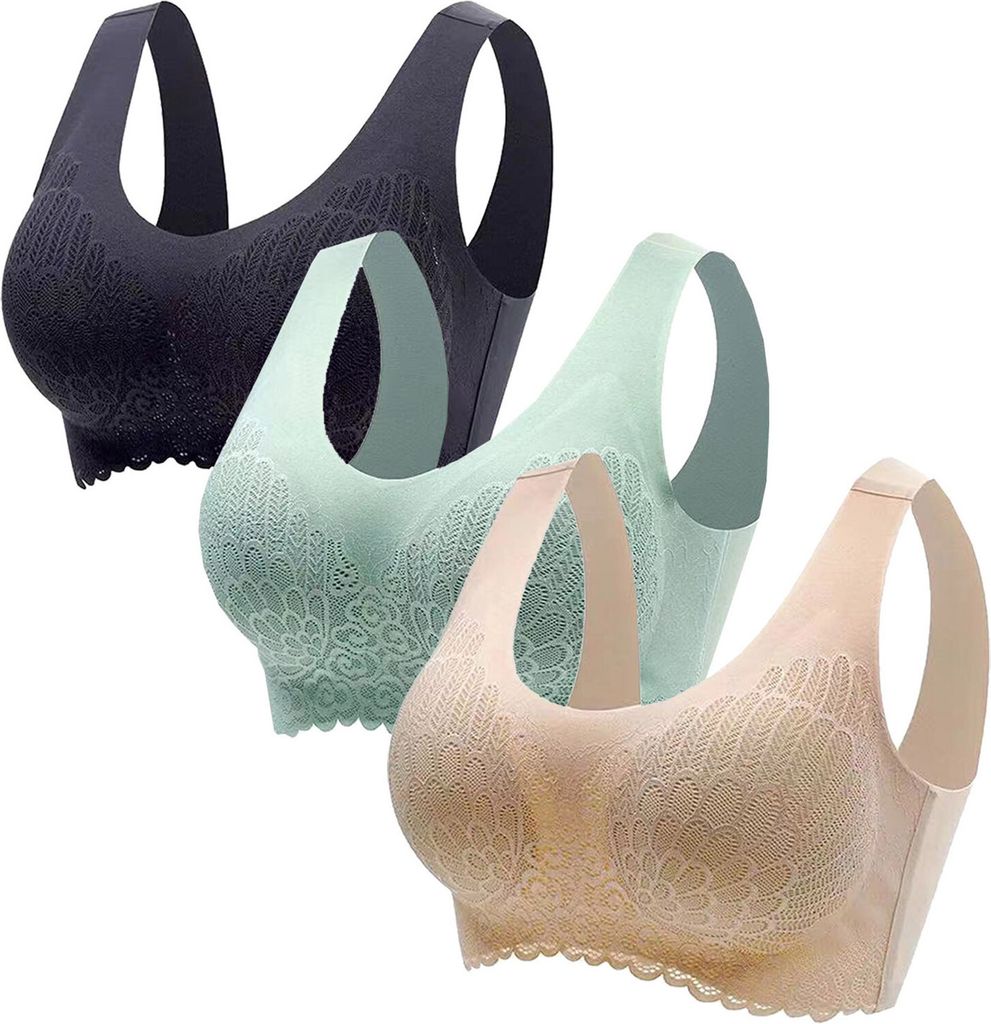 ASKSA Damen 3PC BH Ohne Buegel Push up Sport bhs Gepolstert Spitzen Bustier Nahtlos Stretch Bra Comfit Yoga bh, 01 Schwarz+gruen+khaki, Groesse: XXL