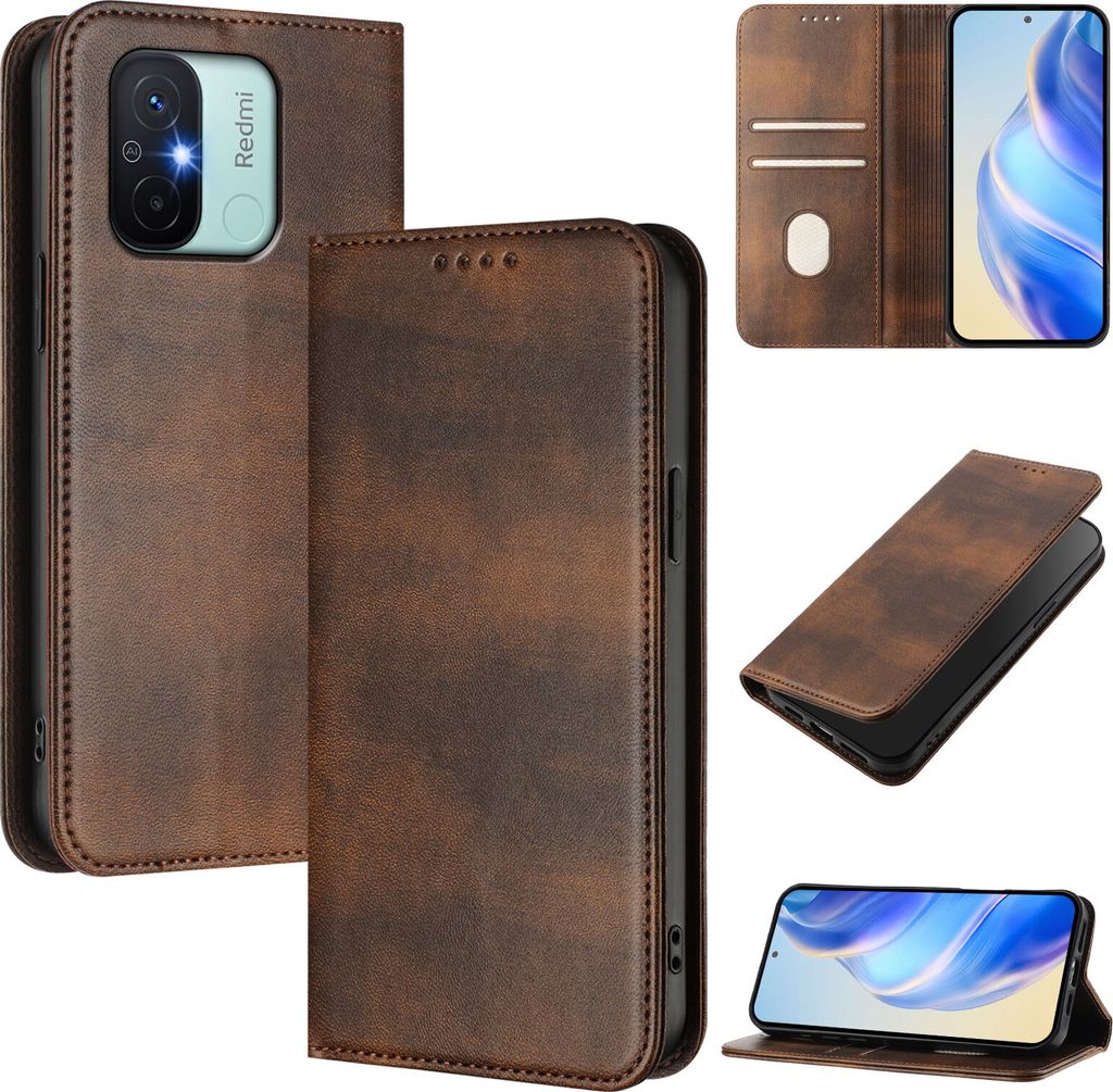 Handyhülle für Xiaomi Redmi 12C, Vintage Leder RFID Schutz Kartenfach Standfunktion Magnetische Klapphülle Braun