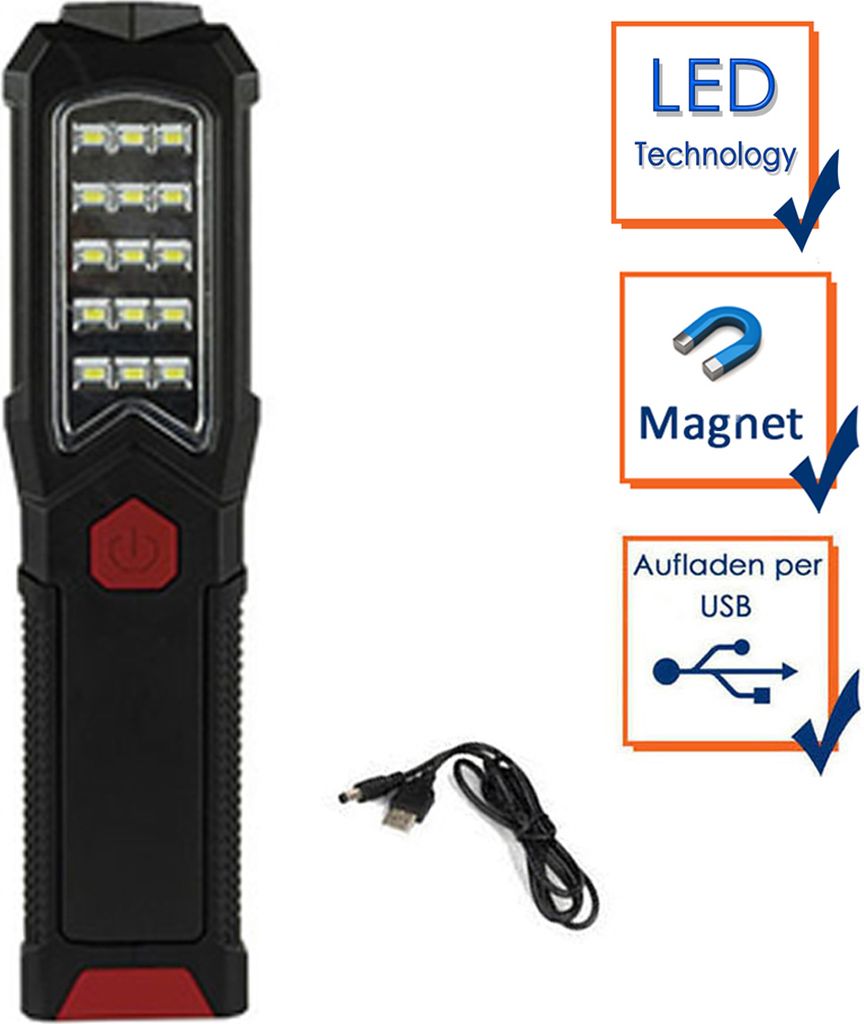 REV LED Akku Handlampe Arbeitsleuchte Torch schwarz 3,7W 400lm kaltweiß USB Haken Magnet