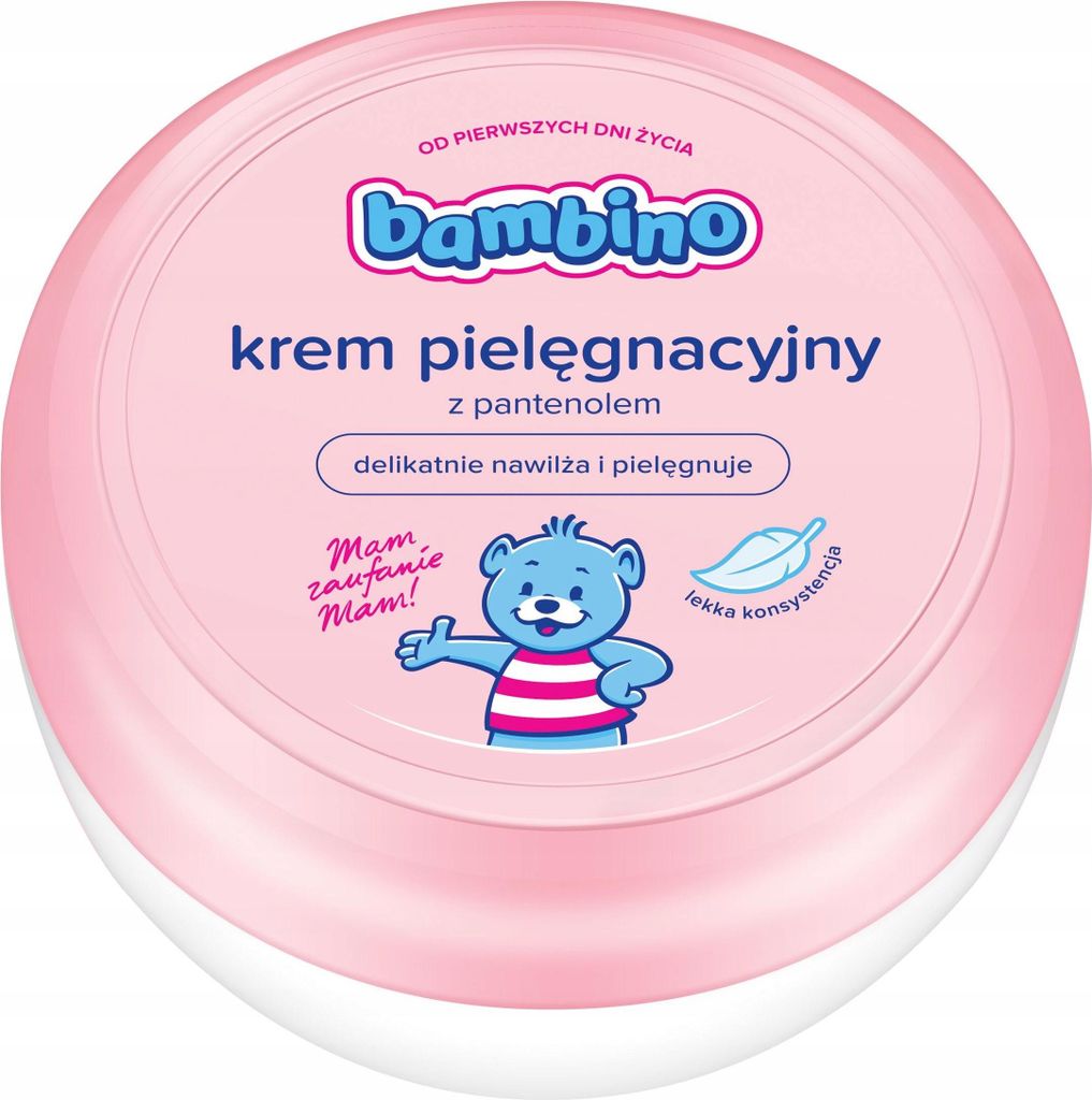A pink jar of Bambino cream with a cartoon bear illustration.