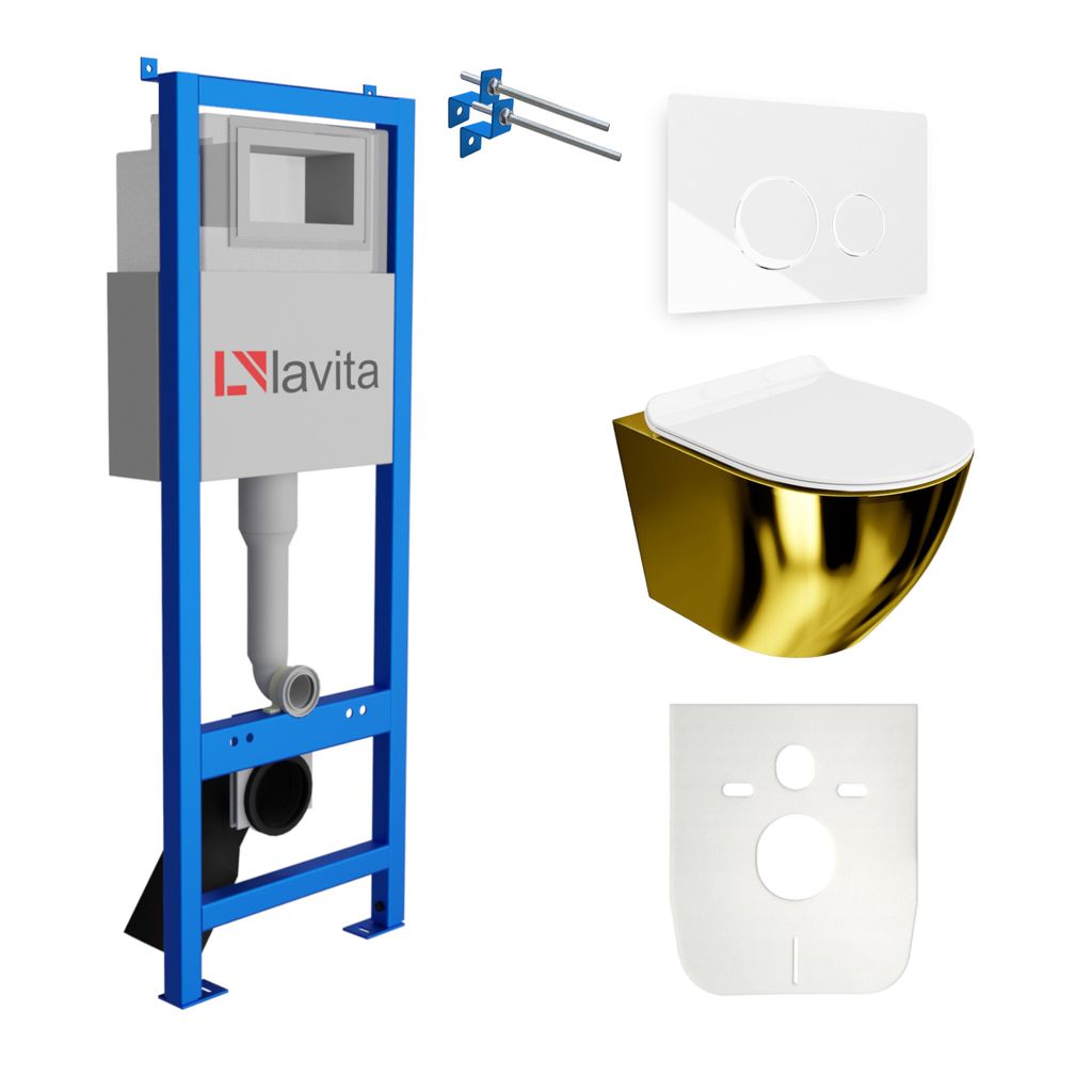 Lavita LAV 101 Vorwandelement für WC 40cm + Wand Hänge Tiefspül WC SOFI SLIM GOLD/WHITE Spülrandlos + Bedienplatte LAV 200.4.1 Weiß | Komplett...