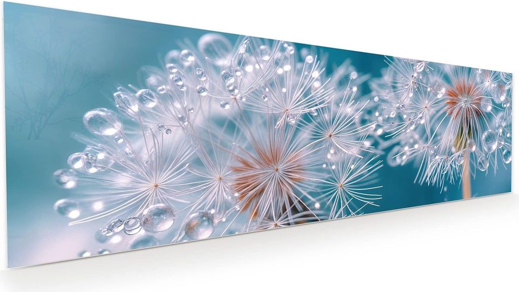 Glasbild 120x40cm in XXL für Wohnzimmer, Schlafzimmer Motiv Wassertropfen Pusteblume