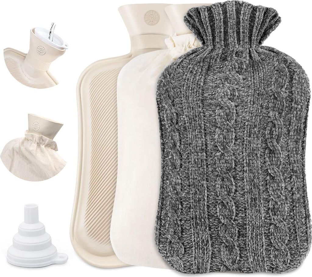 Weiche Premium Plüsch-Warmwasserflasche - 2 Liter Groß - Natürliches Gummi - Bettflasche mit Wassertrichter - Warmwasserflasche für Erwachsene ...