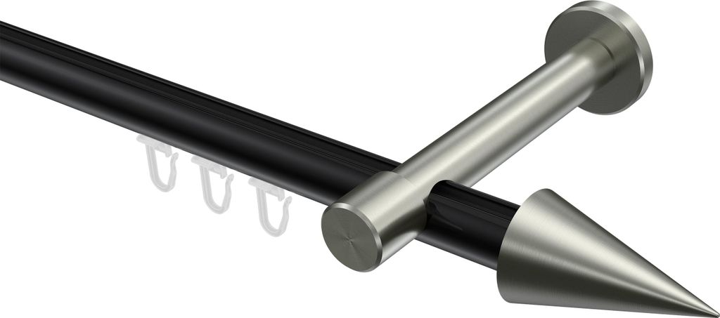Interdeco Innenlaufstange / Gardinenstange mit Innenlauf Schwarz / Edelstahl-Optik, Typ Prestige Savio (Kegel), 20 mm Ø 1-läufig, 600 cm