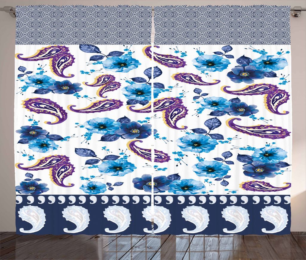 ABAKUHAUS Paisley Rustikaler Vorhang, Aquarell Vintage-Flora, Wohnzimmer Universalband Gardinen mit Schlaufen und Haken, 280 x 225 cm, Azure Blau M...