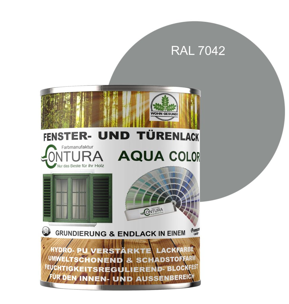 Contura 750ml Fenster und Türenlack Glänzend nach RAL 2in1 mit Pinsel Möbellack Innen und Außen Holzlack - RAL 7042 Verkehrsgrau A
