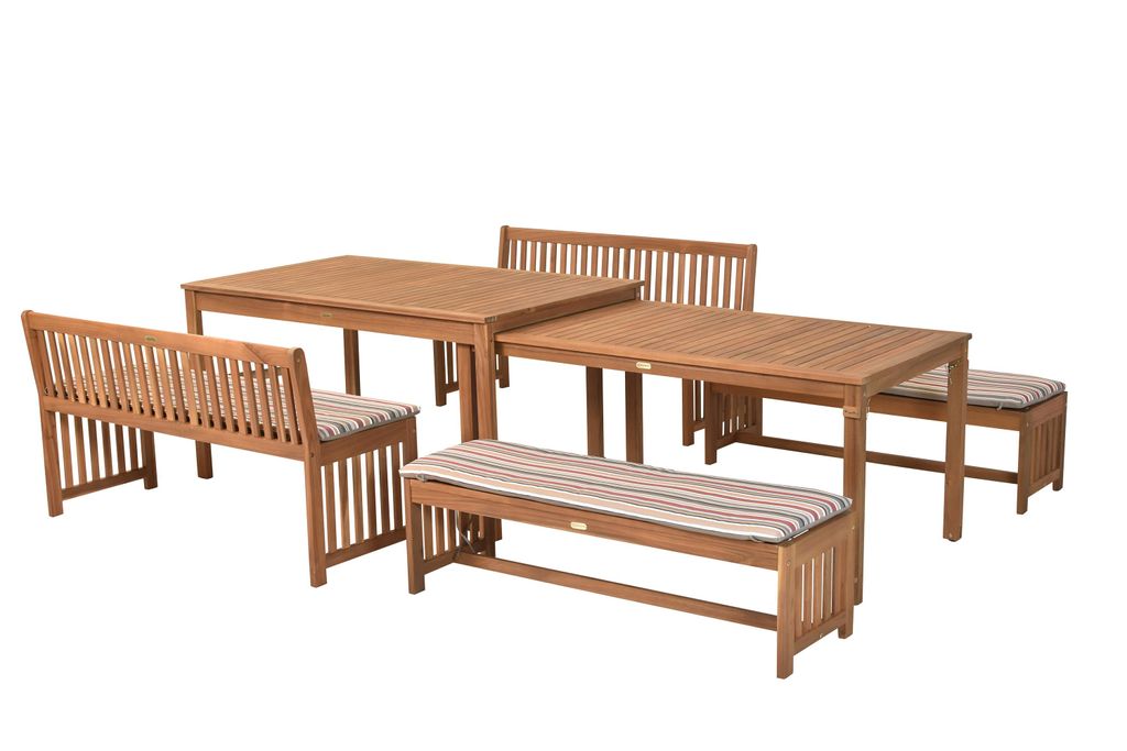 A set of wooden garden furniture including tables and benches, displayed on a white background.