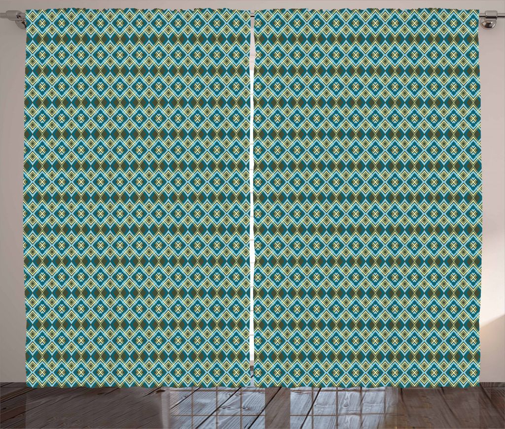 ABAKUHAUS Geometrisch Rustikaler Gardine, Überlappende Formen, Schlafzimmer Kräuselband Vorhang mit Schlaufen und Haken, 280 x 245 cm, Petrolblau...