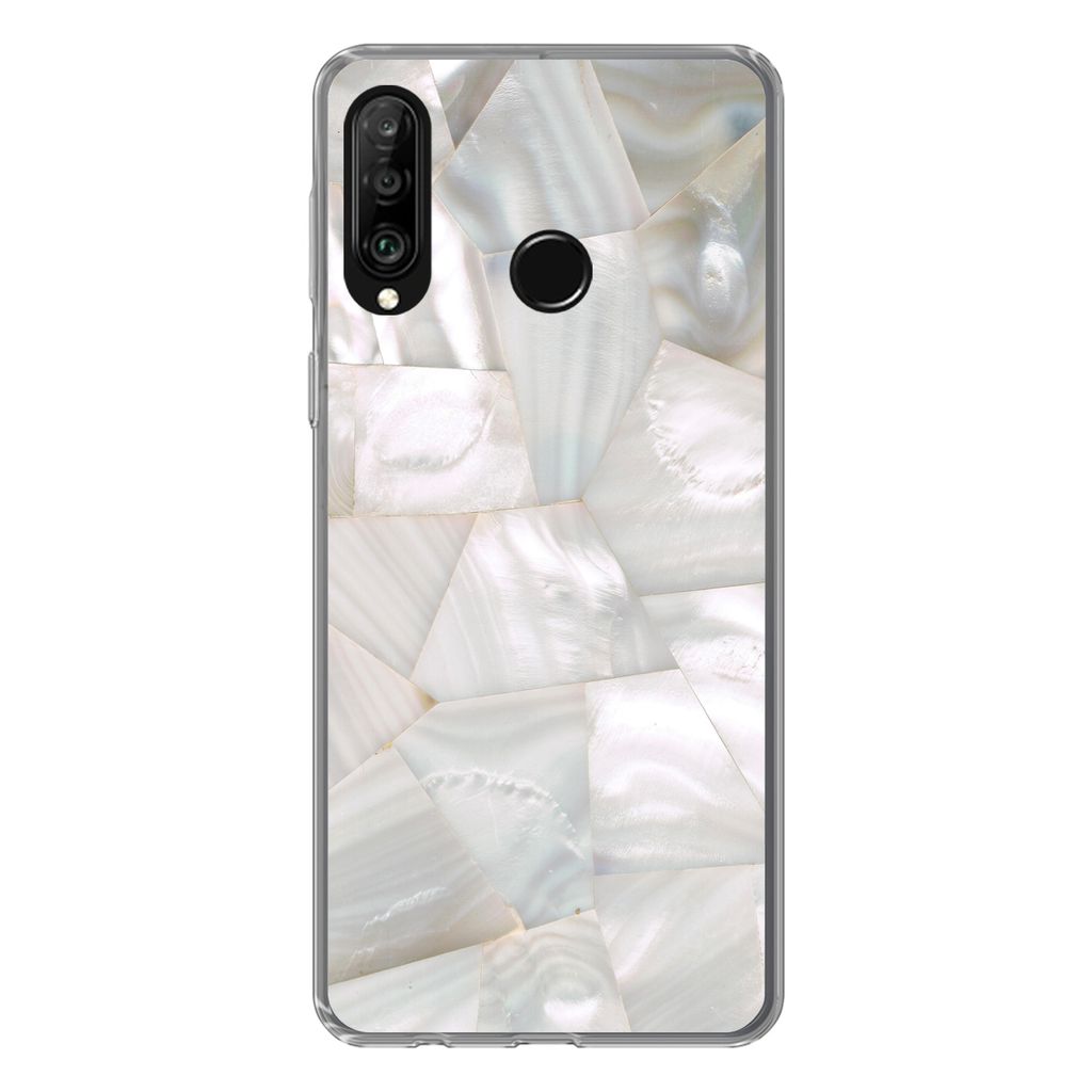 MuchoWow Handyhülle Schutzhülle Hülle für Huawei P30 Lite Naturstein - Perlmutt - Weiß Silikon Softcase Handy Hülle - Handyhülle