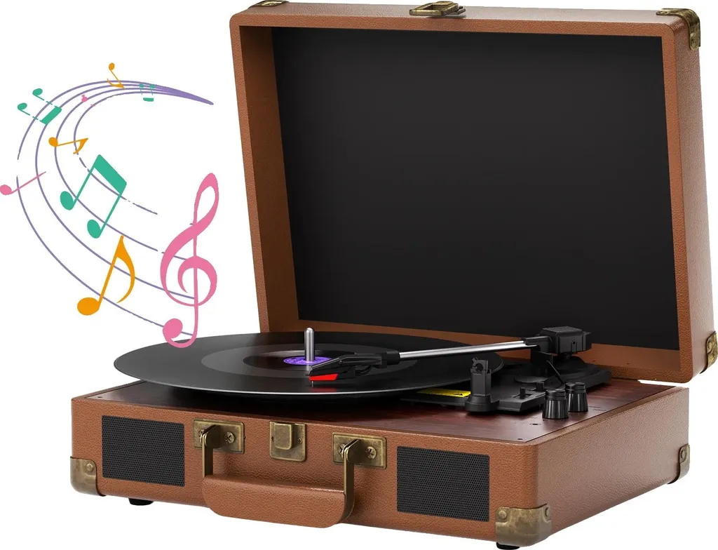 Platine vinyle vintage brun foncé avec enceintes intégrées et prise casque