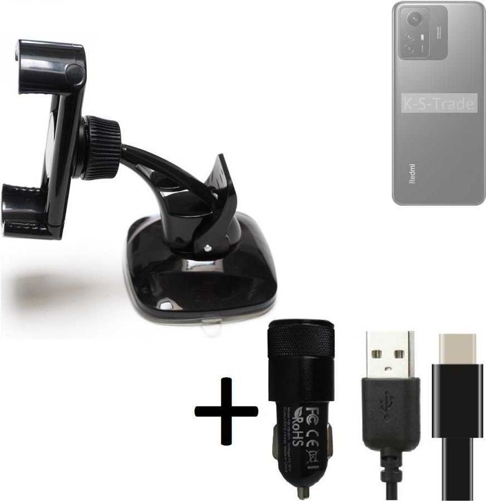 K-S-Trade Handy-Halterung kompatibel mit Xiaomi Redmi Note 12S Windschutzscheibe / Armaturenbrett + LADEGERÄT mit Mico USB Kabel Autohalterung