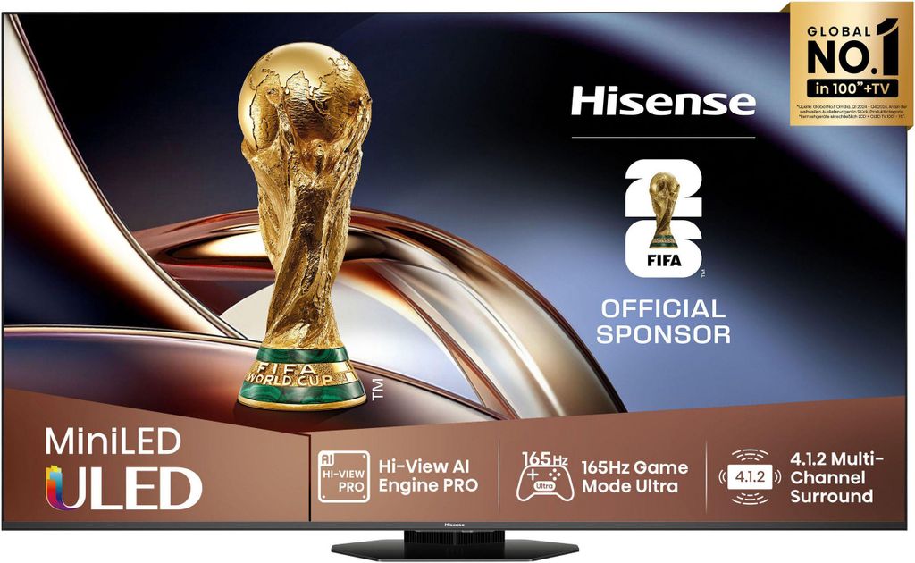 Hisense 65U8Q ULED Mini LED Fernseher, 65 Zoll (164 cm), 4K UHD, 165 Hz, Smart TV, Dolby Vision, , schwarz