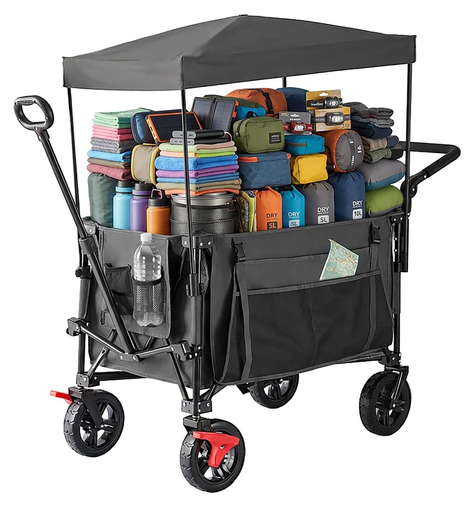 Relaxdays Bollerwagen, faltbar, 150 kg, Dach, Teleskop- & Schiebegriff, Gummireifen mit Bremse, Transportwagen, grau