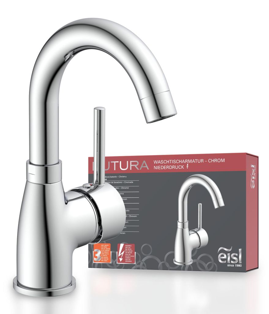 eisl Waschtischarmatur FUTURA Niederdruckarmatur, Wasserhahn Bad mit Energiesparfunktion Cold Start, Chrom