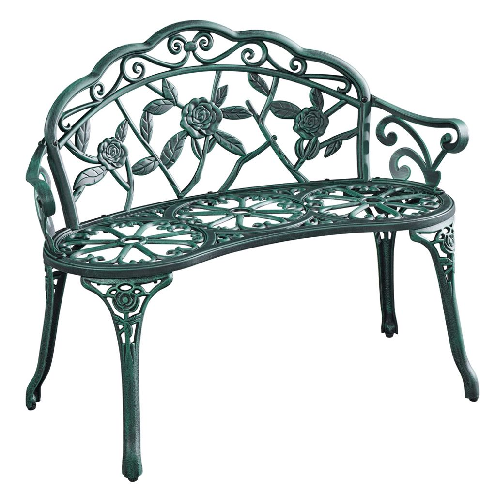 A green metal garden bench with a rose pattern.