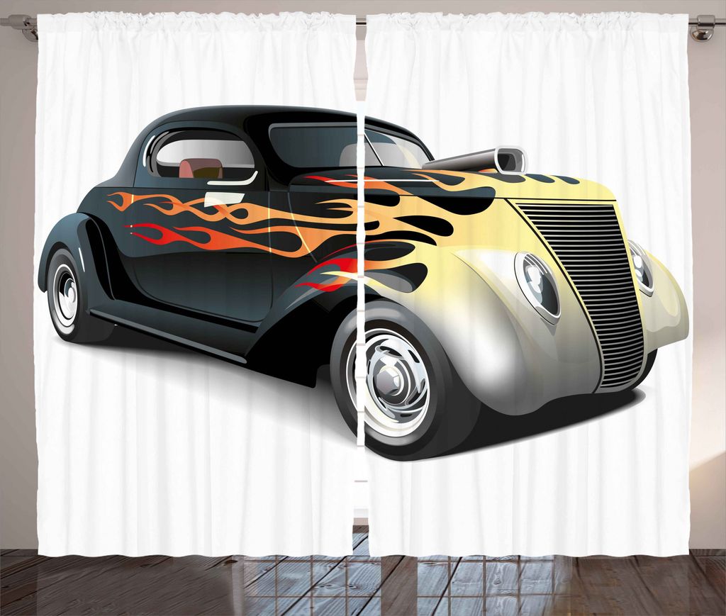 ABAKUHAUS Jahrgang Rustikaler Vorhang, Retro 40s Drag Auto, Wohnzimmer Universalband Gardinen mit Schlaufen und Haken, 280 x 225 cm, Orange Schwarz...