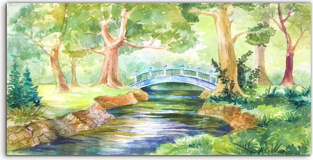 Coloray Glasbild 140x70 Wandbild Glasbilder Kunst Wald Landschaft Aquarell Brücke