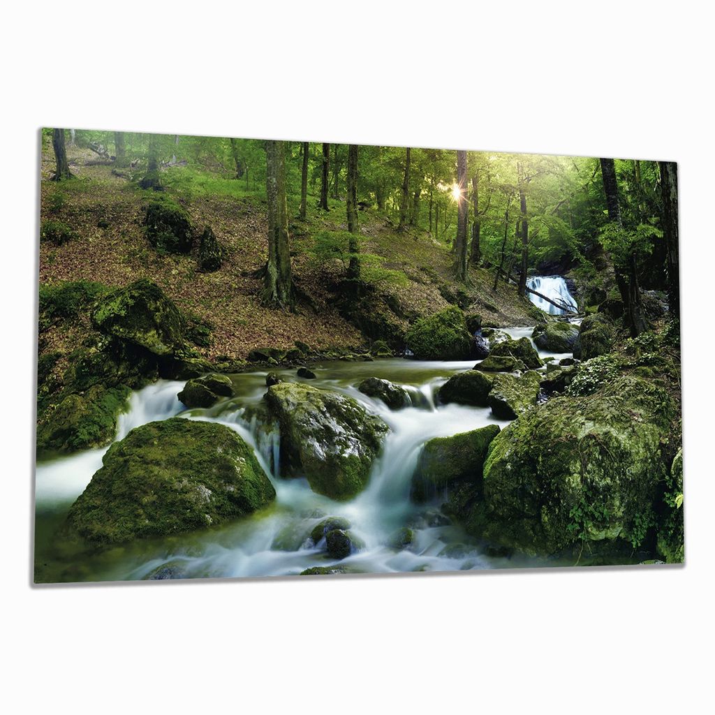 Wallario Herdabdeckplatte aus Glas, Größe 90 x 52 cm 1-teilig, Motiv Fließender Bach im Wald bei Sonnenuntergang