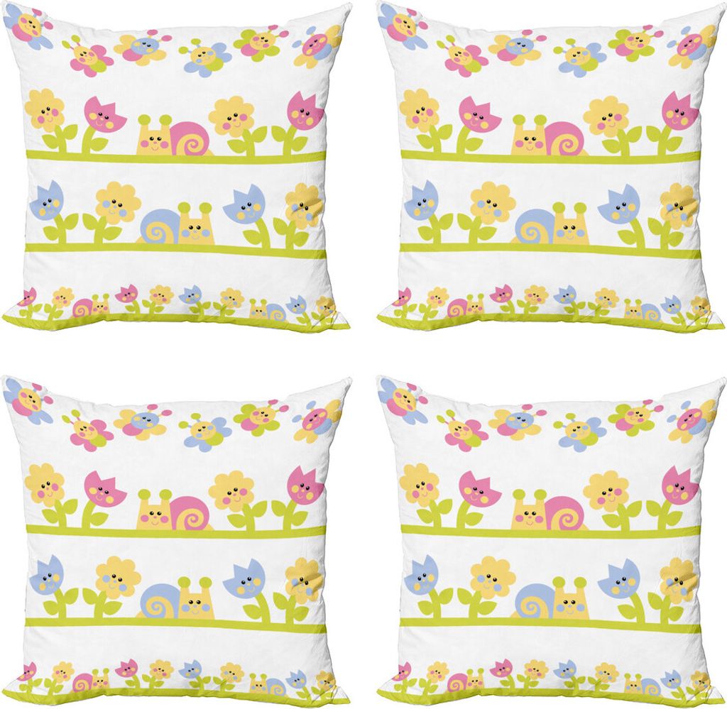 ABAKUHAUS Tulpe Kissenbezug Set (4 Stück), Bunte Cartoon Garten, Moderner Doppelseitiger Digitaldruck, 45 cm x 45 cm, Hellgrün Baby Blue