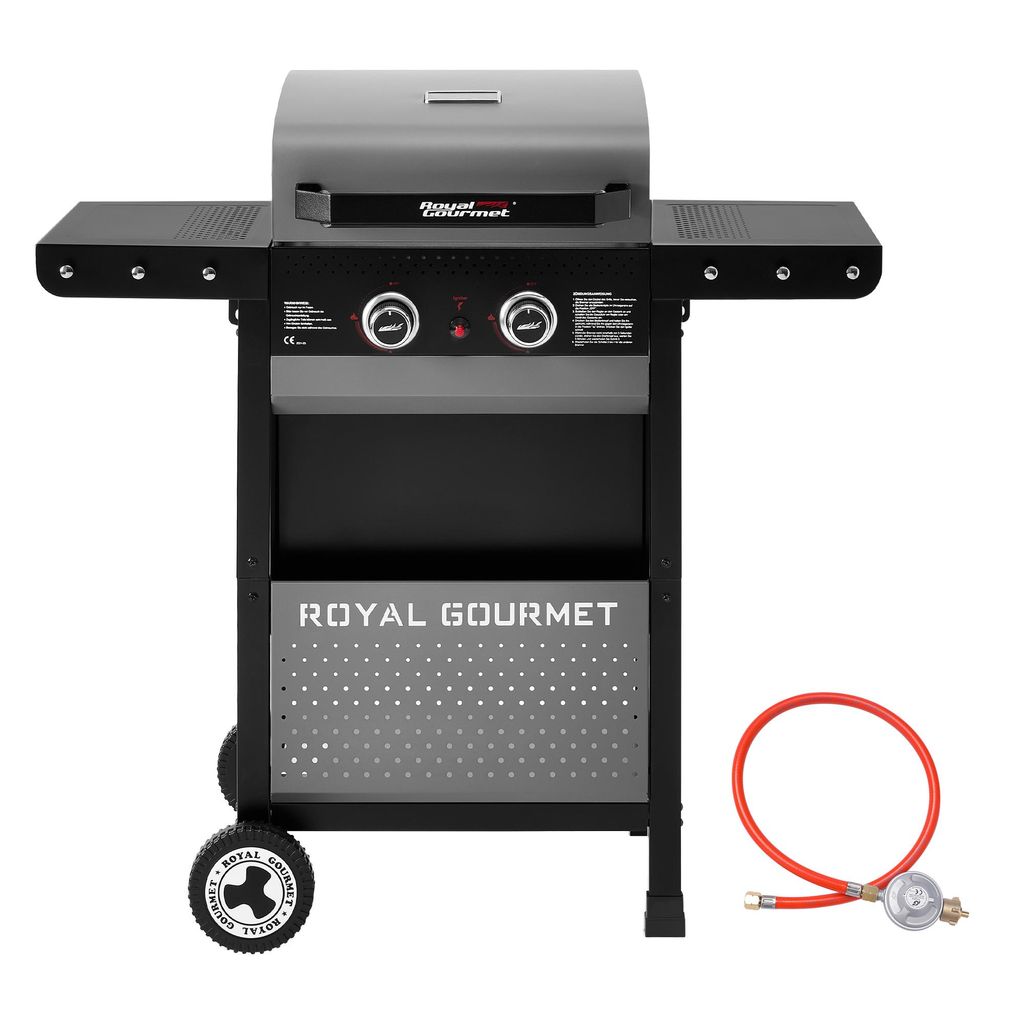 Royal Gourmet 2-Brenner Gasgrill, 5 kW Grillwagen mit klappbaren Seitenablagen, Ablagekorb, Outdoor Gasgrill für Balkon, Terrasse, Garten und Camping