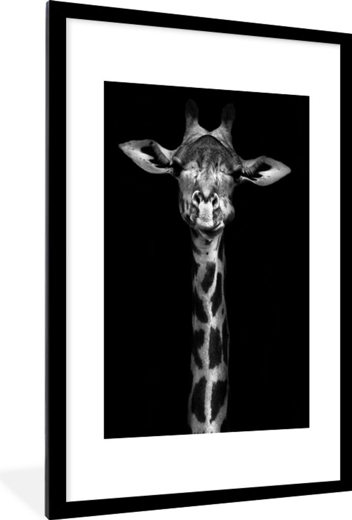 MuchoWow Gerahmtes Poster Giraffe - Porträt - Tiere - Schwarz - Weiß 60x90 cm - Poster mit Schwarzem Bilderrahmen Wandposter Rahmen Foto Bilder...