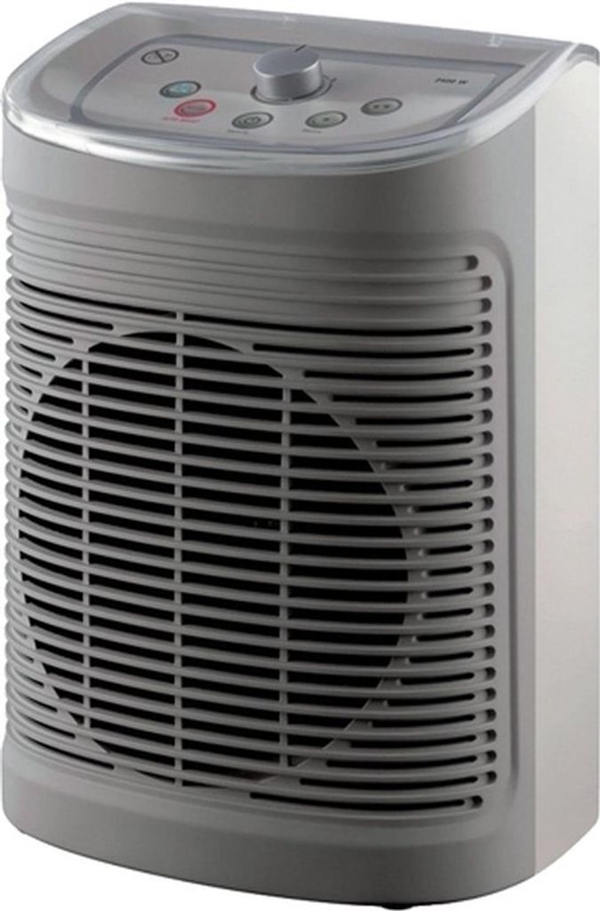 A gray personal heater with a transparent top.